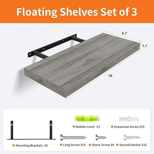 Floating Shelves for Wall Set of 3, 16" Gray Wall Shelves for Home Decor, Frame Display Floating Shelf for Living Room, Bedroom, Bathroom, Kitchen - ModernBath