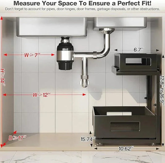 1 Pack 10.8"-14.9" H Under Sink Organizers and Storage Height Adjustable,2-Tier Pull Out Under Cabinet Shelf Organizer,Multi-Use Slide Out Drawer for Bathroom Kitchen Laundry-Black - ModernBath