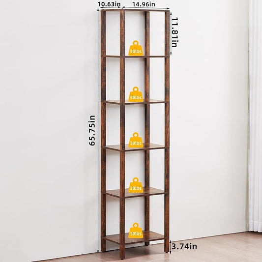 66in Tall Bookshelf 6-Tier Small Narrow Bookcase, Skinny Book Shelf for Small Space, Farmhouse Slim Shelf with Storage, Wood Freestanding Display Thin Bookshelves for Living Room, Office, Brown