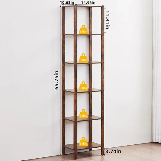 66in Tall Bookshelf 6-Tier Small Narrow Bookcase, Skinny Book Shelf for Small Space, Farmhouse Slim Shelf with Storage, Wood Freestanding Display Thin Bookshelves for Living Room, Office, Brown - ModernBath