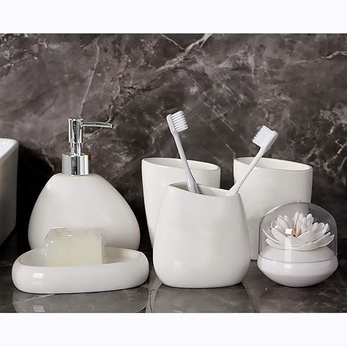 BLBYHO White Ceramic Bathroom Accessory Set, Bathroom Vanity Countertop Set, Bathroom Soap Dispenser and Toothbrush Holder Set Complete, 2 Tumbler Cup, Soap Dish, 5 Pieces - ModernBath
