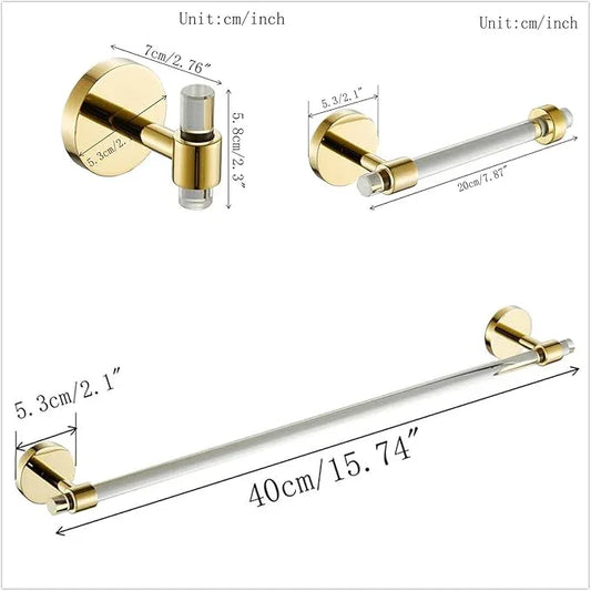 3 Pieces Bathroom Accessories Hardware Set Wall Mounted,Towel Rack 16 inches+Toilet Paper Holder+Hook,Acrylic and Brass,Gold Towel Bar Set SHUNLI - ModernBath