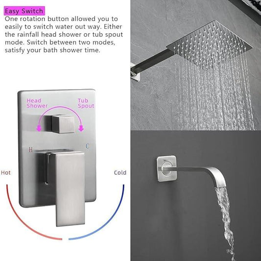 Heable Brushed Nickel Shower Faucet Set with Tub Spout Bathroom Luxury Rain Mixer Shower Head System Wall Mounted Shower Faucet Complete, Single Handle Tub and Shower Trim Kit with Rough-in Valve - ModernBath