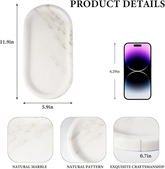 Koville Natural Marble Tray for Bathroom Countertop, Marble Storage Trays for Perfume, Cosmetics, Jewelry, Vanity Tray Stone Trays for Kitchen, Decorative Tray for Dresser Organizer(Calacatta White)
