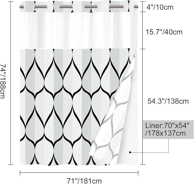 Yiatn No Hook Needed White Shower Curtain with Snap in Fabric Liner Set - Hotel Style with See Through Mesh Top Window, Modern Geometric Waterdrop Design,Water-Repellent & Washable, 71x74 INCH - ModernBath