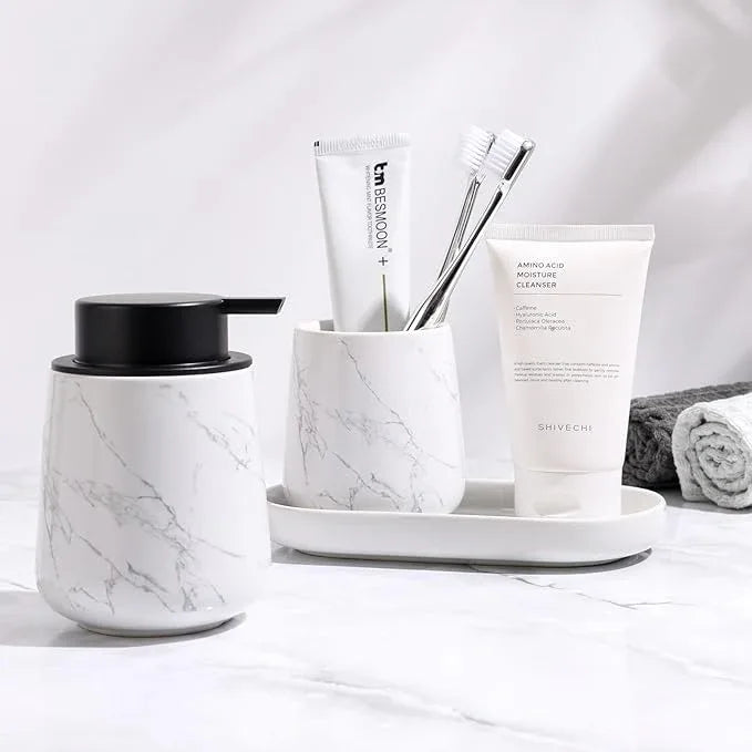 BosilunLife Bathroom Accessories Set 3 pcs - Bathroom Ceramic Foaming Soap Dispenser Set Farmhouse Marble Bathroom Decor, Foam Soap Dispenser and Toothbrush Holder/Tumbler Cup, Tray - ModernBath