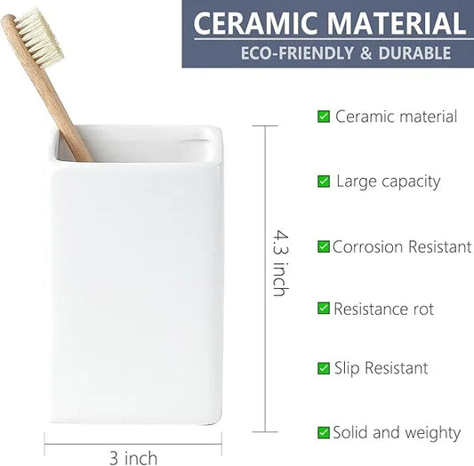 White Ceramic Toothbrush Holder - Square Bathroom Toothbrush Holder, Toothbrush Cup Holder Aesthetic Toothpaste Holder, Modern Family Size Toothbrush Organizer, Bathroom Tumbler Cup - ModernBath