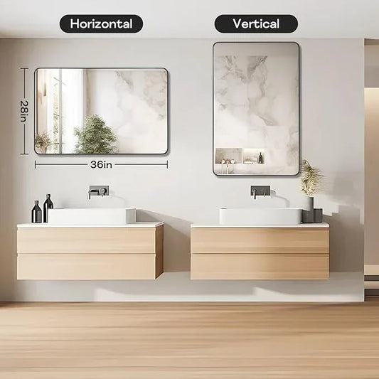 Minuover Black Metal Framed Bathroom Mirror for Wall, Large Brushed Matte Black Rounded Corner Rectangular Bathroom Vanity Mirror, Anti-Rust, Tempered Glass (28" x 36", Black) - ModernBath
