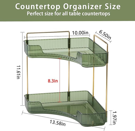 shuang qing 2-Tier Corner Bathroom Counter Organizer – Storage Shelf for Makeup, Perfume & Skincare, Space-Saving Countertop Tray Fits Bathroom, Dresser, Kitchen (Green)