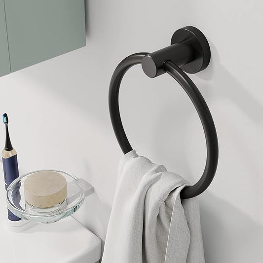 Matte Black 2 Pack Towel Ring, Hand Towel Holder for Bathroom Kitchen Modern Rounded Base Wall Mount SUS304 Stainless Steel, 180° Rotation