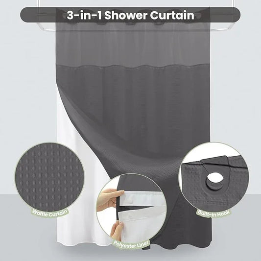 Inhousolu No Hook Shower Curtain with Snap in Fabric Liner Set Waffle Weave 230GSM Weighted Hem, Waterproof & Washable Bathroom Curtain Spa Luxury with Mesh Top Window 72" W x 72" L Graphite Grey - ModernBath