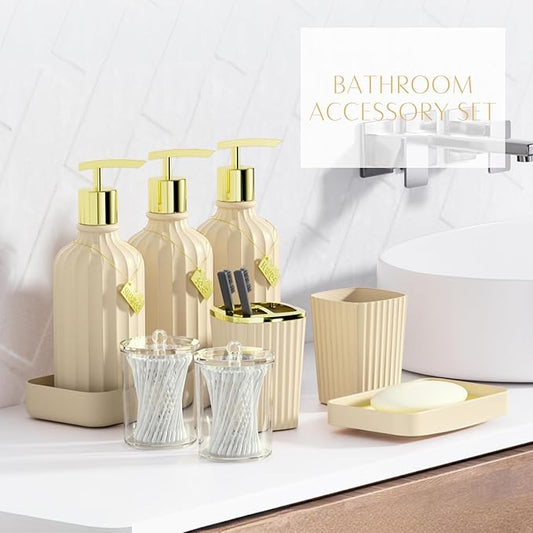 WSBArt 32PCS Bathroom Sets with Shower Curtain and Rugs-Beige Bathroom Accessories,Non Slip Bathroom Rugs Set with Toilet Lid Cover, Waterproof Shower Curtain, 3PC Soap Dispenser with Trash Can