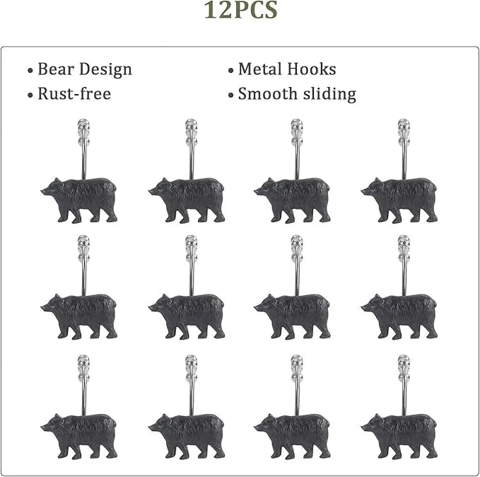 Decorative Forest Animal Shower Hooks, 12-Pack Bear Design with Smooth Gliding Rings, Rust-Proof for Bathroom Bedroom Living Room Decor - ModernBath