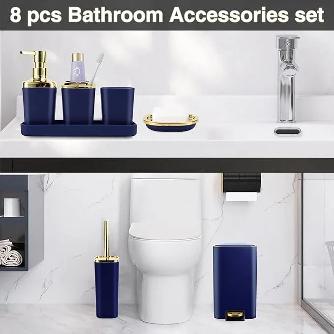 XLHOMO Navy Blue Bathroom Accessories Set 8 Piece Navy Blue and Gold Bathroom Set, Bathroom Sets with Stainless Steel Trash Can,Toilet Brush,Toothbrush Set,Soap Dispenser - ModernBath