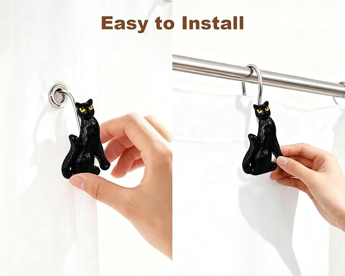 Ruvenis Black Cat Shower Curtain Hooks Set of 12, Hand-Painted Resin Cat Shower Hooks with Rust-Resistant Metal Rings, Decorative Bathroom Accessories