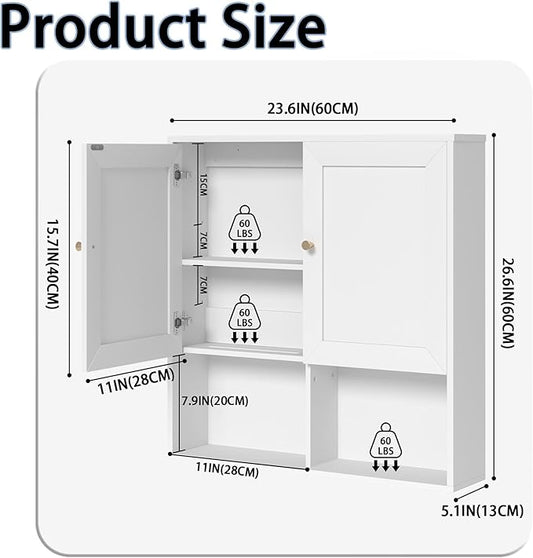 Bathroom Wall Cabinet, Medicine Cabinet with 2 Door and Adjustable Shelves,3-Tier Wood Hanging Storage Over The Toilet,White Wall Mounted Cabinet for Bathroom, Kitchen,Laundry Room