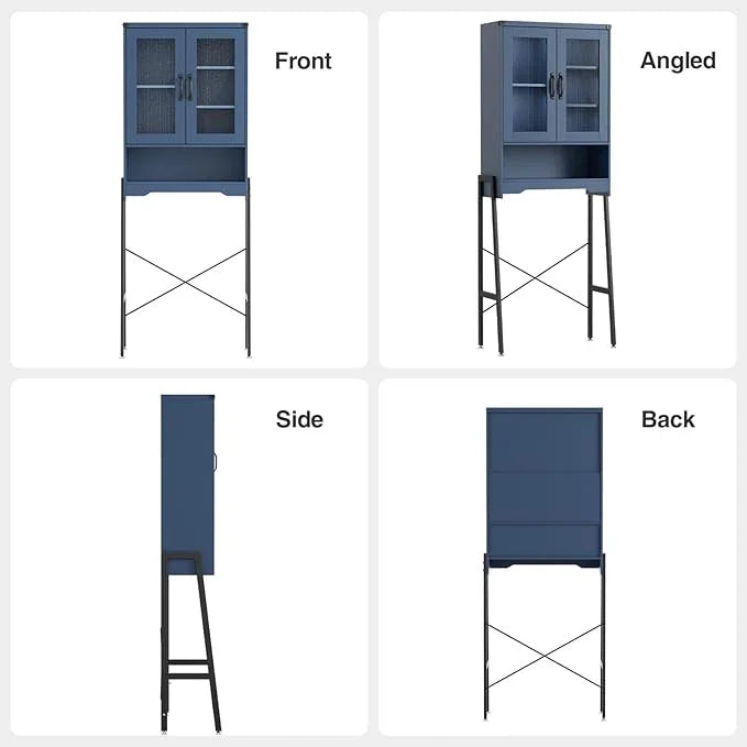 Over The Toilet Storage Cabinet with Tempered Glass Doors and Adjustable Shelf, Bathroom Organizer with Metal Stand Space Saver Over Toilet , Modern Toilet Rack for Bathroom, Restroom, Laundry, Blue - ModernBath