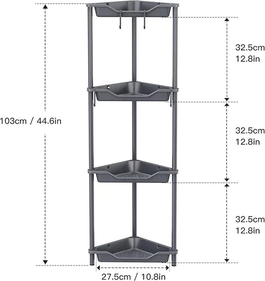Orimade Rustproof 4 Tier Floor Standing Corner Shower Caddy Organizer, Plastic Metal Splicing Floor Corner Shelf Rack Storage Stands for Bathroom,10.8 x 10.8 x 44.6 inches, Grey - ModernBath
