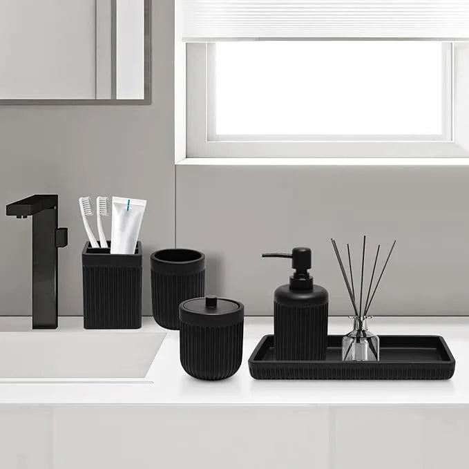 XLHOMO Resin Matte Black Bathroom Accessories Set 5 Pcs, Lotion Soap Dispenser, Toothbrush Holder, Bathroom Tumbler, Qtip Holder and Vanity Tray, Bathroom Countertop Organizer Set for Home Apartment - ModernBath