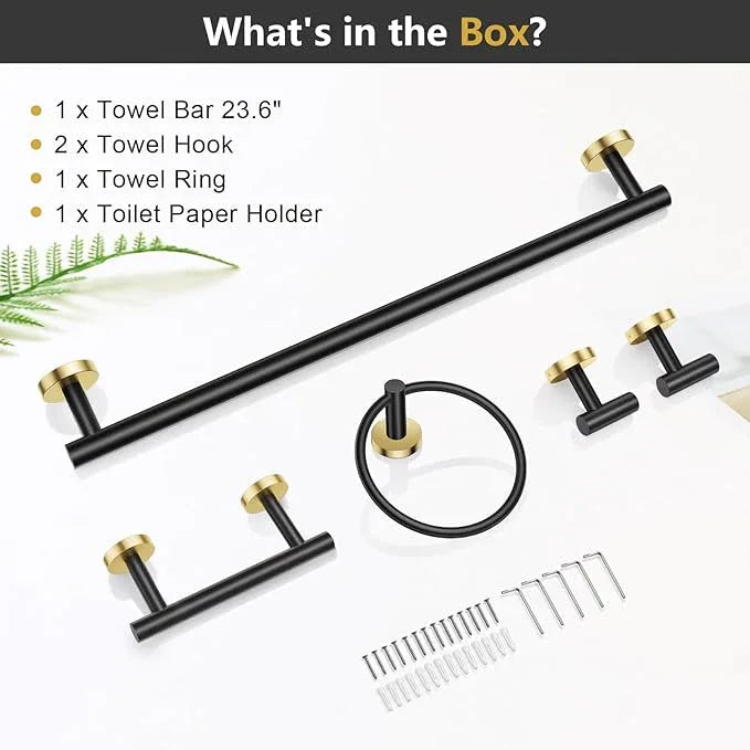 TQKAG Black and Gold 5 Piece Bathroom Hardware Accessories Set 23.6" SUS304 Stainless Steel Bathroom Towel Bar Holder Sets Double Post Pivoting Toilet Paper Holder Set Wall Mounted - ModernBath