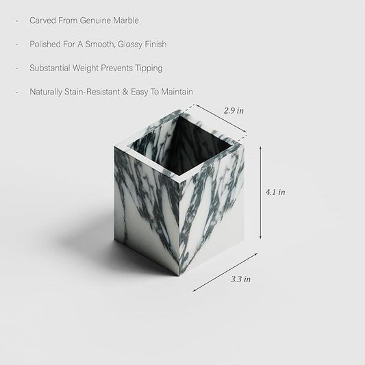 Marble Toothbrush Holder – 4.1" Genuine Stone Bathroom Cup for Makeup Brushes, Pens & Utensils | Natural Marble Organizer for Vanity, Countertop & Home Décor (Arabescato White & Grey) - ModernBath