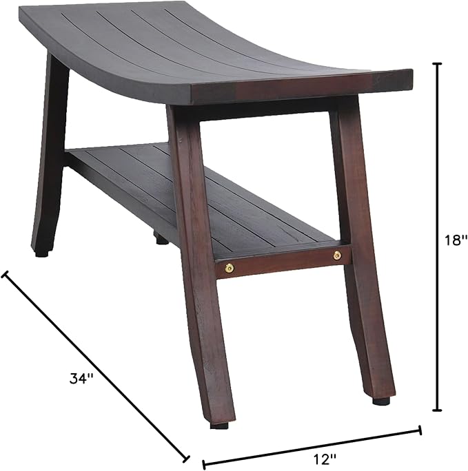 DecoTeak 29” Satori Teak Shower Bench – Full-Size Waterproof Bathroom Seat for Adults & Seniors | Sturdy 250 Pound Capacity | Spa-Style Teak Stool with Shelf, Non-Slip Feet | Elegant Brown Wood Finish
