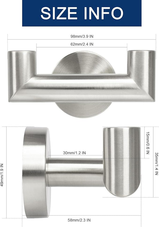 NearMoon Bathroom Double Towel Hook- SUS304 Stainless Steel Robe Towel Holder, Heavy Duty Double Coat Hook for Bathroom Livingroom Kitchen Wall Mounted (Brushed Nickel-U, 3 Pack)