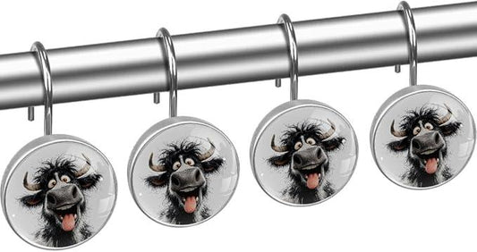 Laughing Highland Cow Rust Proof Shower Curtain Hooks 12Pcs for Bathroom Shower Rod, Decorative Shower Hooks Shower Curtain Hanger Rings Roller, Glass, Resin, Stainless Steel - ModernBath