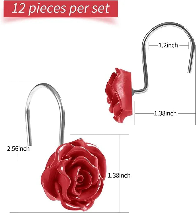 Litabel Rose Flower Shower Curtain Hooks 12PCS, Home Decorative Red Rose Shower Curtain Hooks Metal Rustproof Cute Rose Flower Shower Hooks Rings Bathroom Shower Rods Decoration Accessories - ModernBath