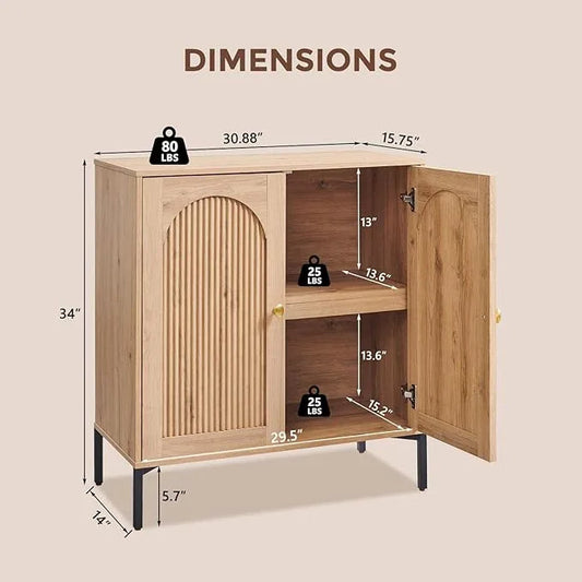Bathroom Cabinet with Storage, 34" Tall Fluted Arched Free Standing Floor Cabinet w/Adjustable Shelves, Modern Sideboard Cabinet for Bathroom, Kitchen, Living Room, Entryway, Natural - ModernBath