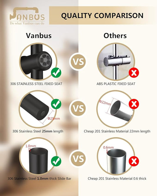 Vanbus All Metal handheld shower head holder 30-Inch with Shower Slide Bar for Bathroom Wall Mount SUS 304 Stainless Steel Brushed Finish Matte Black