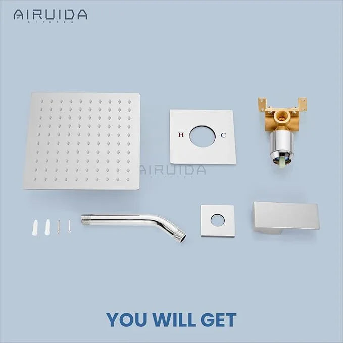 Airuida Shower Faucet Set Bathroom Rain Shower System 8 Inch Square Showerhead Single Function 1 Handle Trim Kit with Female Thread Rough-in Valve Cover Plate with H and C Labels Chrome Polish - ModernBath