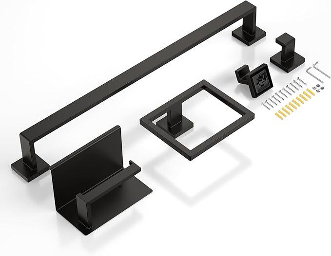 5-Piece 23.6 Inch Matte Black Bathroom Accessories Set, Bathroom Hardware Set, SUS304 Stainless Steel Bath Towel Bar Set, Toilet Paper Holder with Shelf, Towel Hooks, Towel Ring Wall Mounted - ModernBath