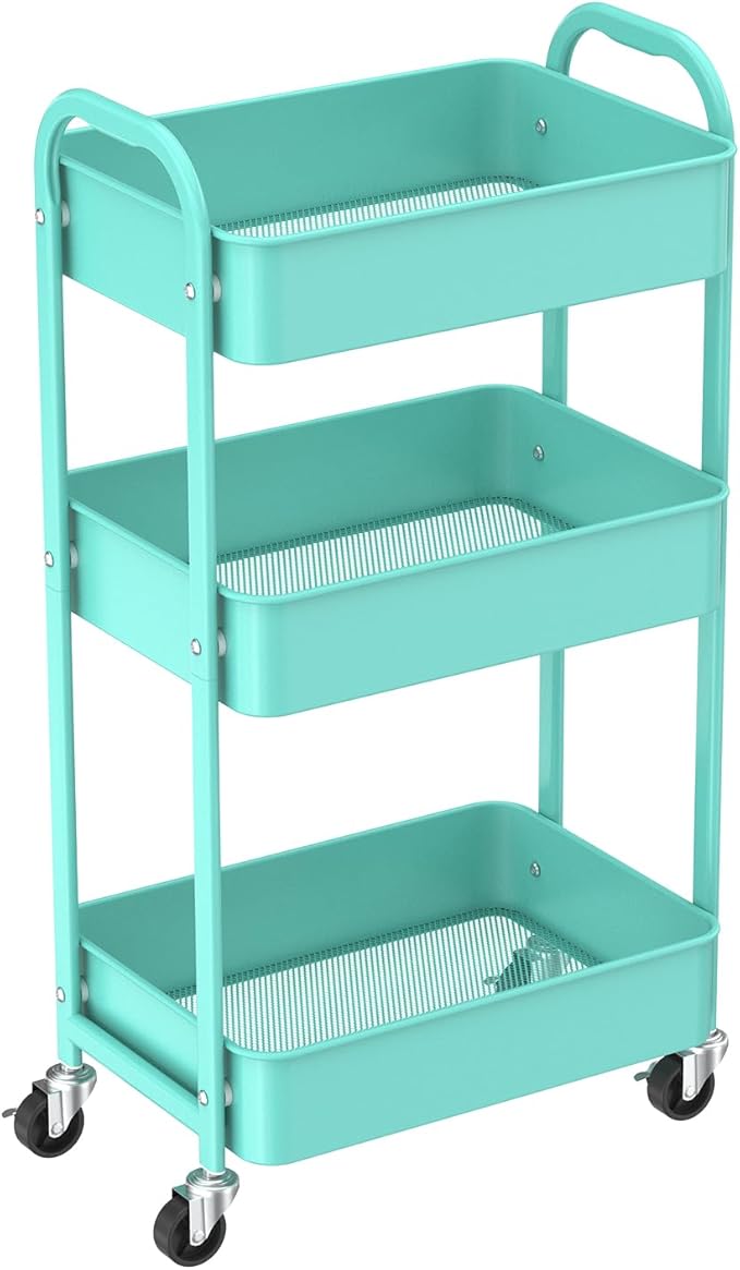 MAX Houser 3-Tier Rolling Utility Cart with Caster Wheels,Easy Assembly, for Kitchen, Bathroom (Turquoise)