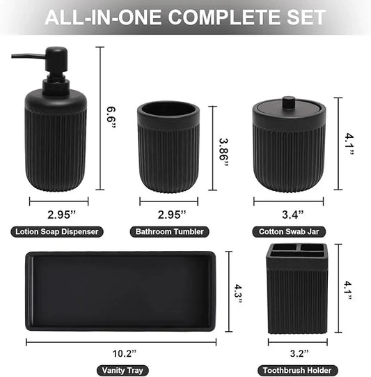 XLHOMO Resin Matte Black Bathroom Accessories Set 5 Pcs, Lotion Soap Dispenser, Toothbrush Holder, Bathroom Tumbler, Qtip Holder and Vanity Tray, Bathroom Countertop Organizer Set for Home Apartment - ModernBath