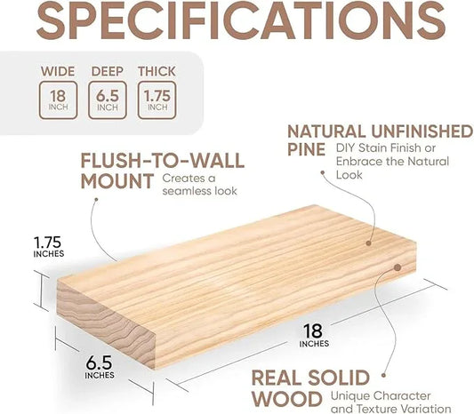 Homeforia 18 inch Wood Floating Shelves, High End Solid Natural Wood 18inch Floating Shelf for Wall Mounted, Unfinished Wooden 18in Floating Shelves, Heavy Duty Bracket, 18 X 6.5 X 1.75 inch, Set of 2 - ModernBath