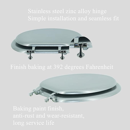 BLOFDE Round Toilet Seat Wood Toilet Seat Prevent Shifting with Zinc Alloy Hinges American Standard Size Toilet Seat Easy to Install also Easy to Clean(Round,Sparkling ClassicalSilver)