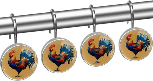 Rooster Shower Curtain Hooks, 12Pcs Decorative Rust Resistant Shower Rings for Shower Curtain Rods, Stainless Steel Round Curtain Hooks for Bathroom, Bedroom - ModernBath