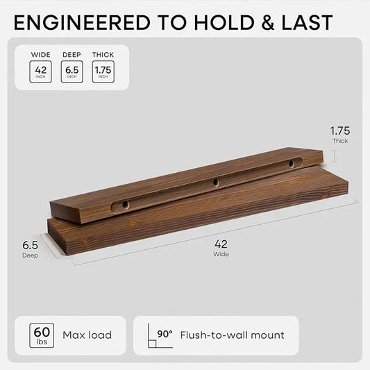 Homeforia Classic Walnut 42 inch Floating Shelf, High End Solid Real Wood Small 42inch Floating Shelves for Wall Mounted, 42in Floating Shelves, Heavy Duty Bracket, 42 X 6.5 X 1.75 inches, Set of 3 - ModernBath