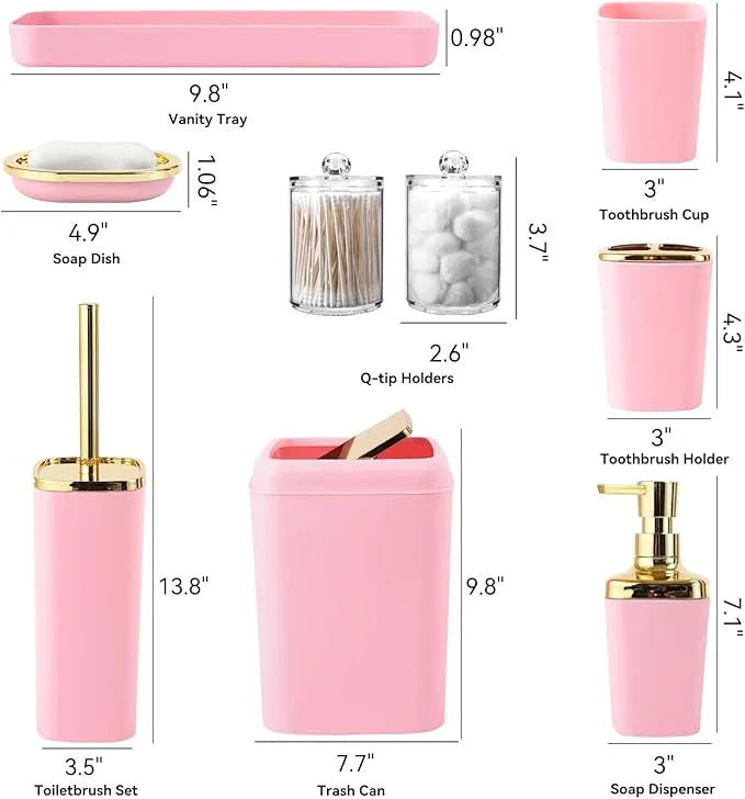 XLHOMO Pink Bathroom Accessories Set, Pink and Gold Bathroom Accessories with Trash Can, Soap Dispenser, Soap Dish, Toothbrush Holder and Q-tip Holders - ModernBath