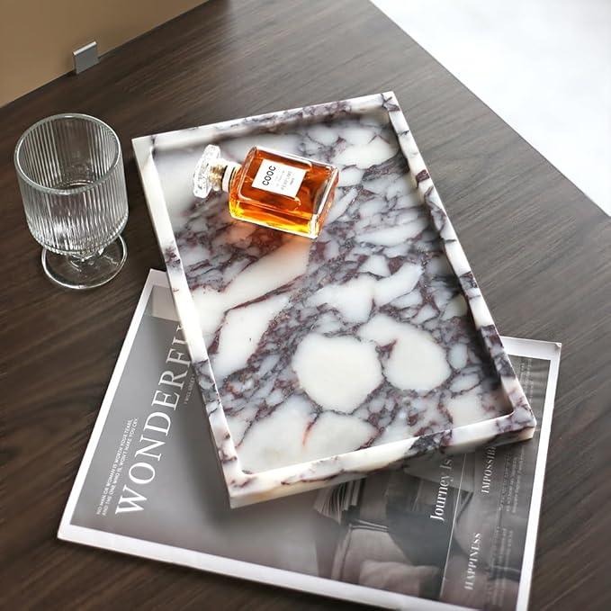 Real Luxurious Natural Marble Vanity Tray Genuine Marble Storage Tray for Home Decor Stone Tray for Bathroom/Kitchen/Vanity/Dresser,Plate Holder for Tissues, Candles, Towel - ModernBath