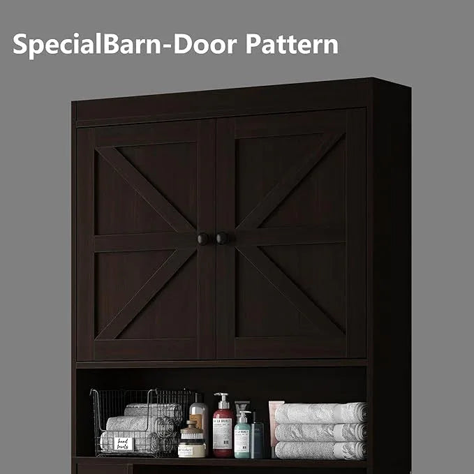 Furnideco 32.3''W Over The Toilet Storage Cabinet with Barn Doors, Over Toilet Shelf Farmhouse Storage Cabinet Space Saver with Toilet Paper Holder & Adjustable Bottom Bar, Espresso - ModernBath