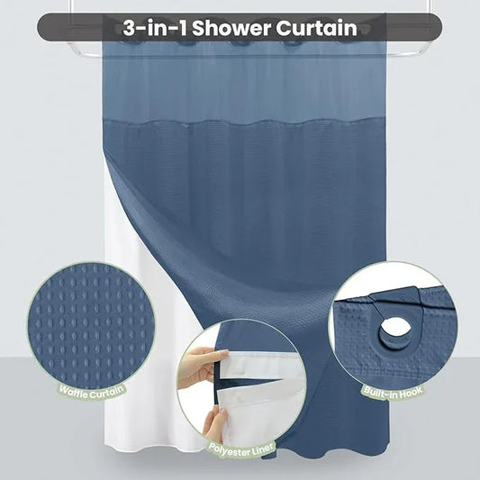 Inhousolu No Hook Shower Curtain with Snap in Fabric Liner Set Waffle Weave 230GSM Weighted Hem, Waterproof & Washable Bathroom Curtain Spa Luxury with Mesh Top Window 72" W x 72" L Moonlight Blue - ModernBath