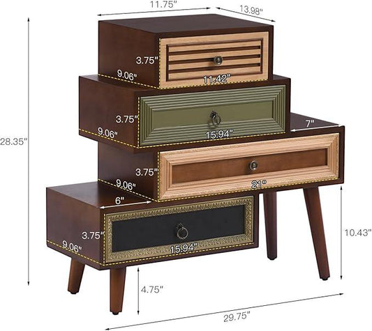 Vintage Accent Chest with 4 Drawers, Asymmetrical Stacked Design, Multicolored Hand-Carved Decorative Rustic Cabinet for Living Room, Entryway - ModernBath