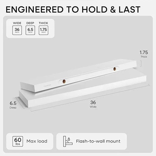 Homeforia White Floating Shelves 36 inch, High End Solid Real Wood 36inch Floating Shelf for Wall Mounted, White Wooden 36in Long Floating Shelves, Heavy Duty Bracket, 36 X 6.5 X 1.75 inches, Set of 4 - ModernBath