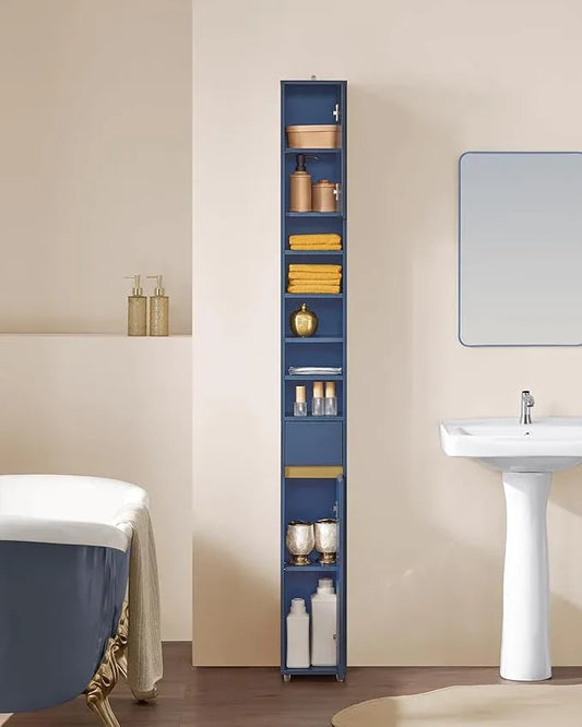 SoBuy Bathroom Narrow Storage Cabinet Skinny Tall Unit with Adjustable Shelves Slender Anti-Tipping Floor Standing Cupboard, Blue BZR34-B - ModernBath