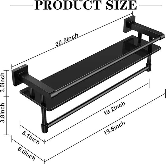 Glass Shelf for Bathroom 20 Inch Bathroom Shelves with Towel Bar Tempered Glass Shelves with Stainless Steel Towel Holder for Wall (All Matte Black) - ModernBath