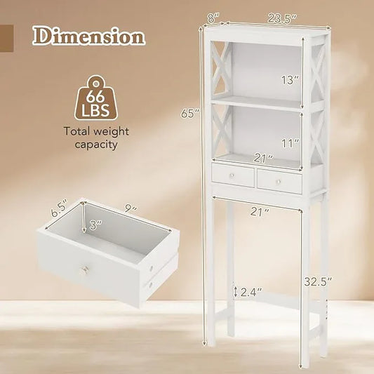 Giantex Over The Toilet Storage Cabinet with 2 Drawers, Over Toilet Bathroom Organizer with 2 Open Shelves, Freestanding Space Saver Above Toilet for Restroom, White - ModernBath