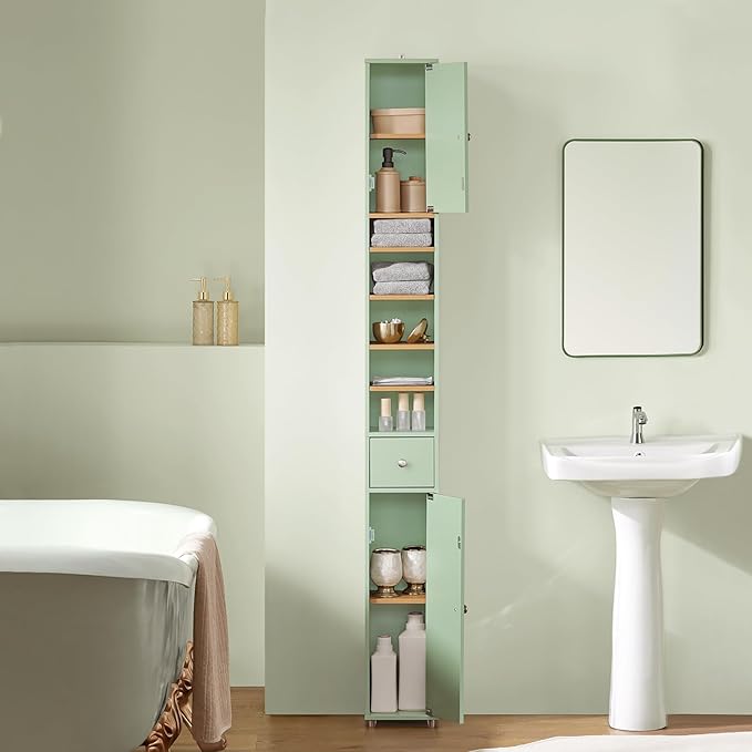 SoBuy Bathroom Narrow Storage Cabinet Skinny Tall Unit with Adjustable Shelves Slender Anti-Tipping Floor Standing Cupboard, Light Green BZR34-GR