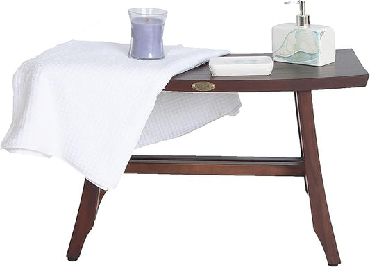 DecoTeak Satori Teak Shower Bench – 24" Compact Teak Bath Seat, Brown Finish, for Adults & Seniors | Water-Resistant Spa Stool with Slatted Seat & Adjustable Feet